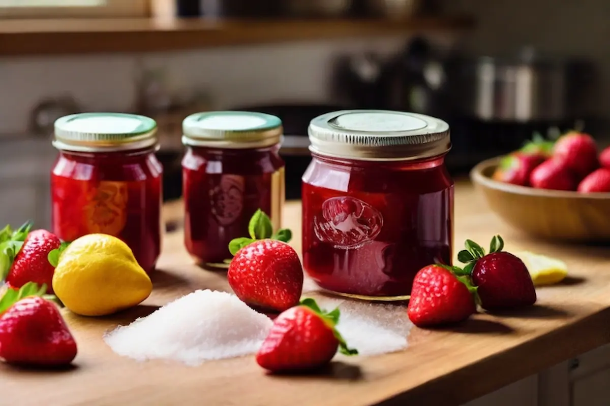 Ingredients for making strawberry jam on a kitchen counter