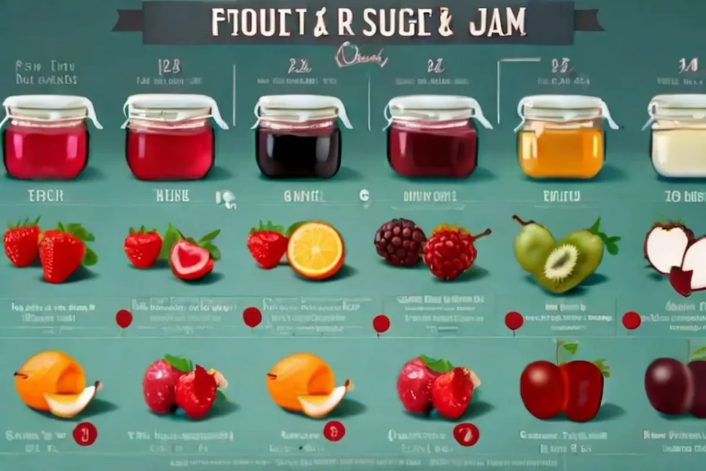 Infographic showing the ratio of fruit, sugar, and pectin for making jam.