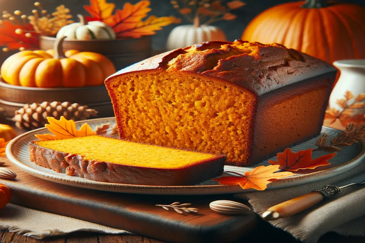 Golden pumpkin bread loaf on a rustic kitchen counter.