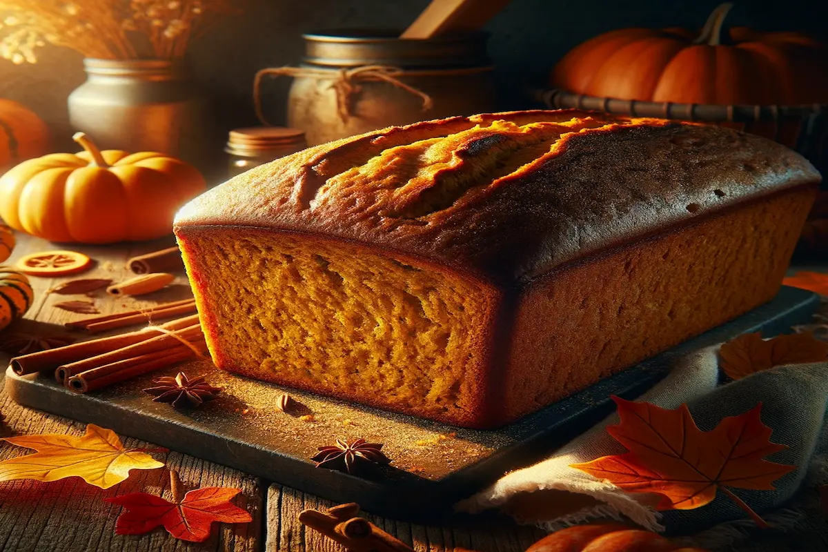 Freshly baked pumpkin bread on a rustic kitchen counter.