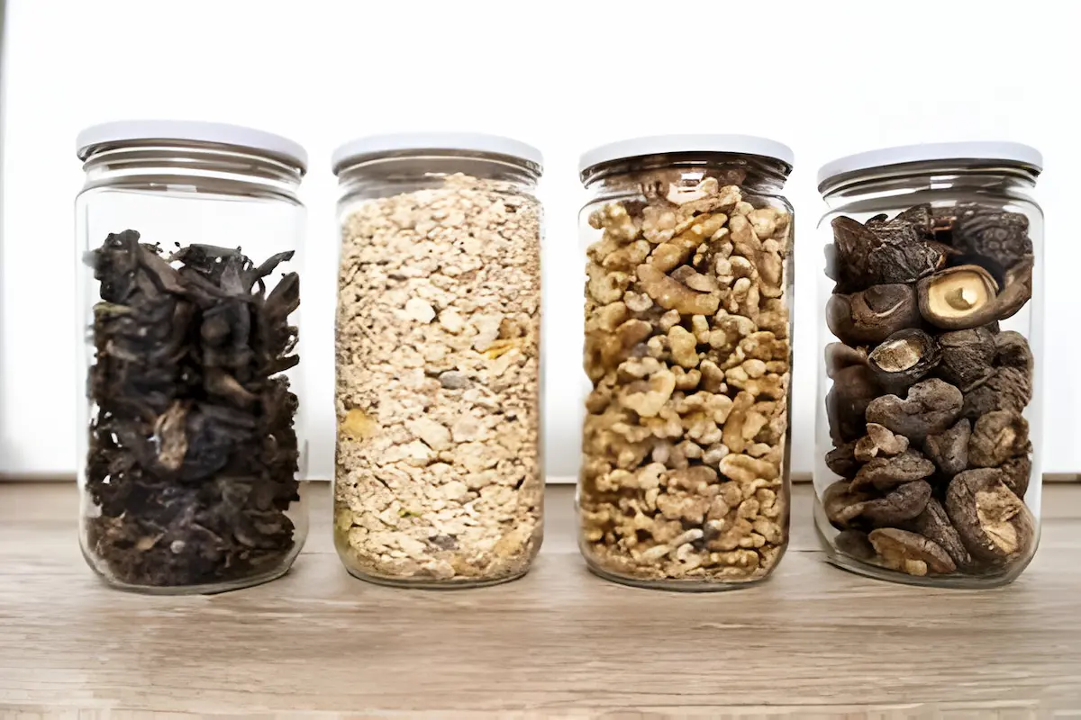 Dried Chicken of the Woods mushrooms stored in jars