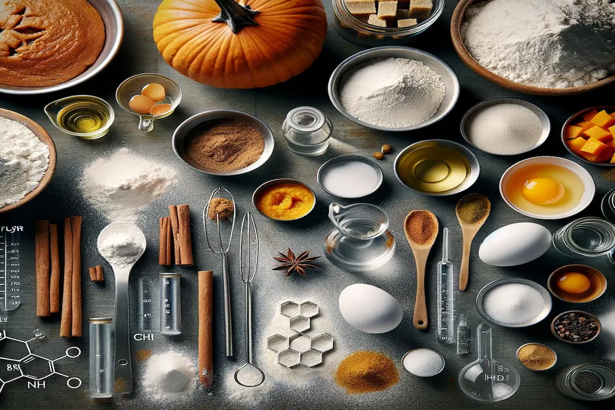 Ingredients for baking spread out with scientific precision.