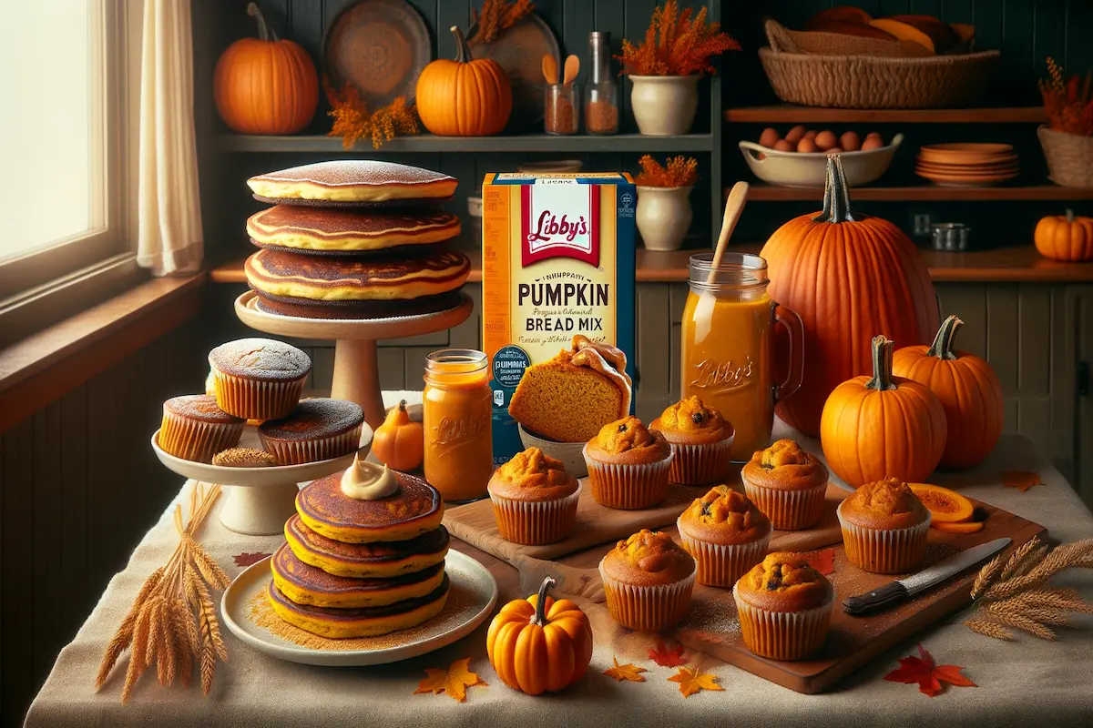 Assorted pumpkin treats made from Libby's mix including muffins, pancakes, and a dessert crust