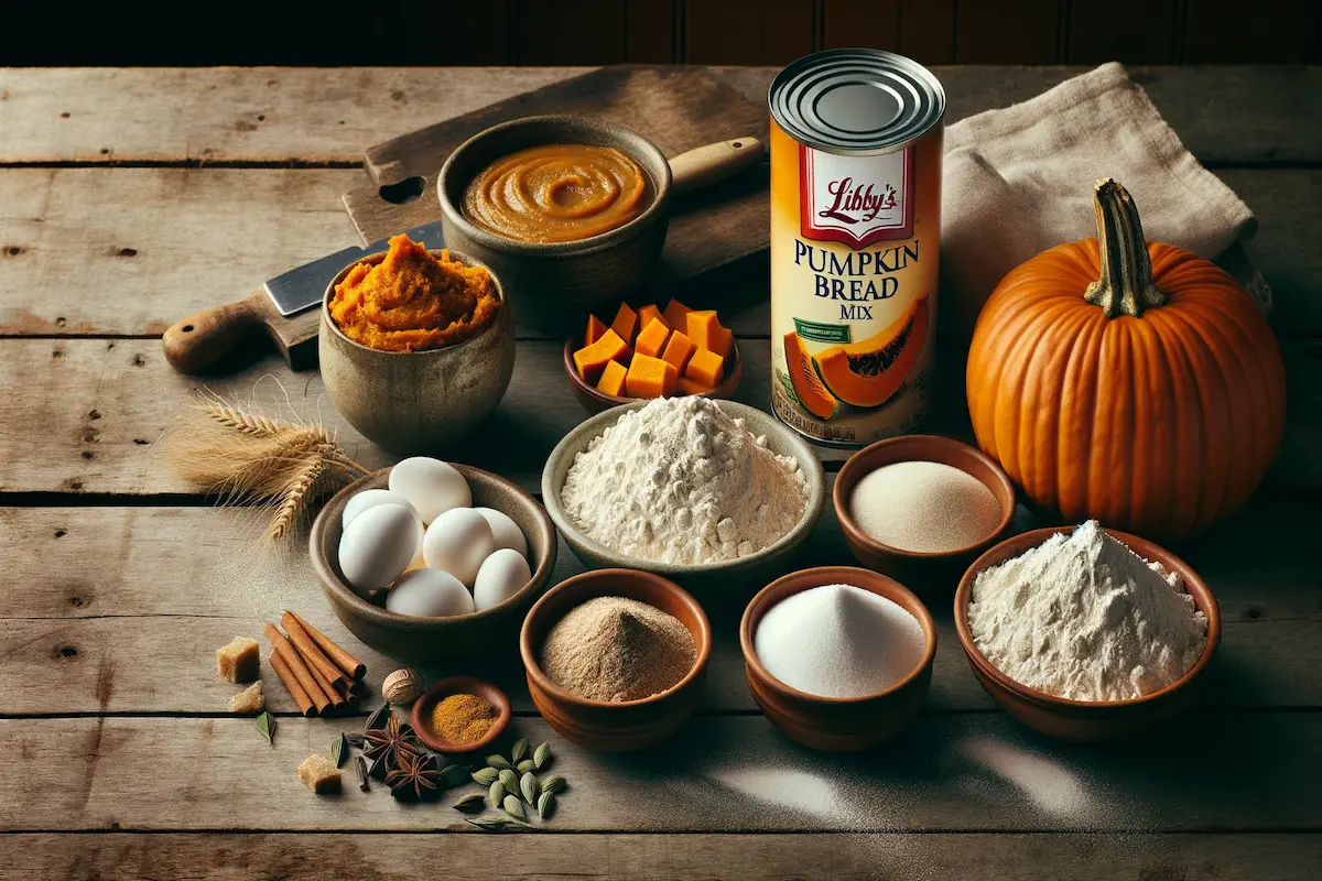 Ingredients for pumpkin bread mix including pumpkin puree, flour, sugar, and spices on a wooden table.