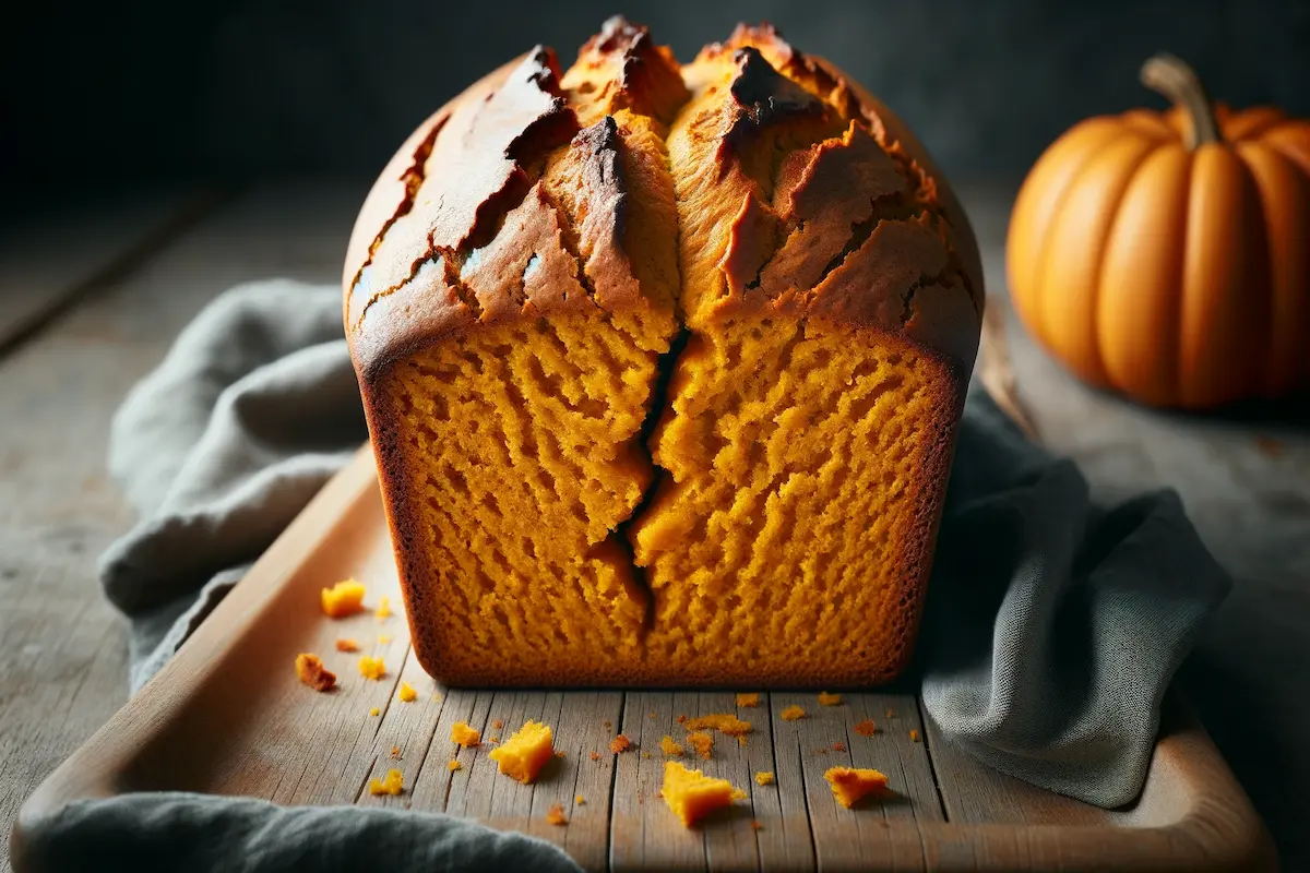 Close-up of a cracked pumpkin bread loaf.