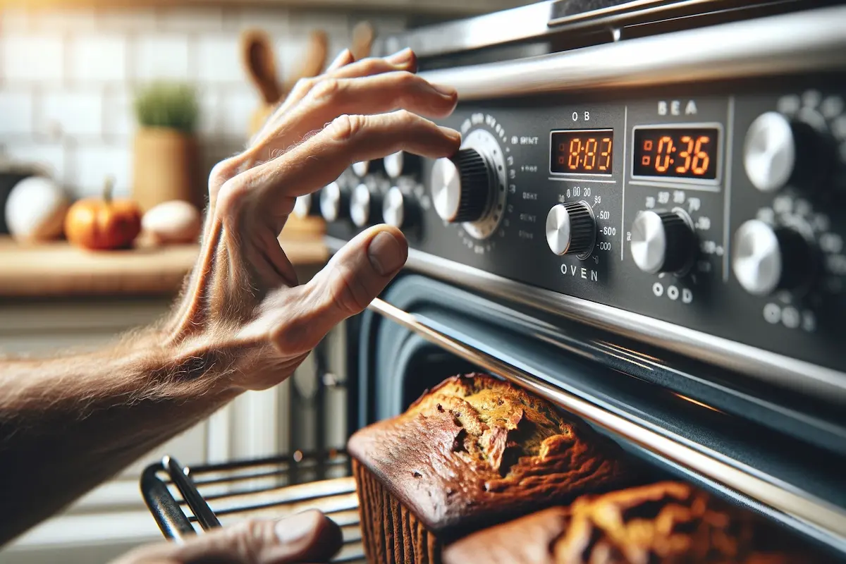 Baker carefully adjusting oven temperature for pumpkin bread.