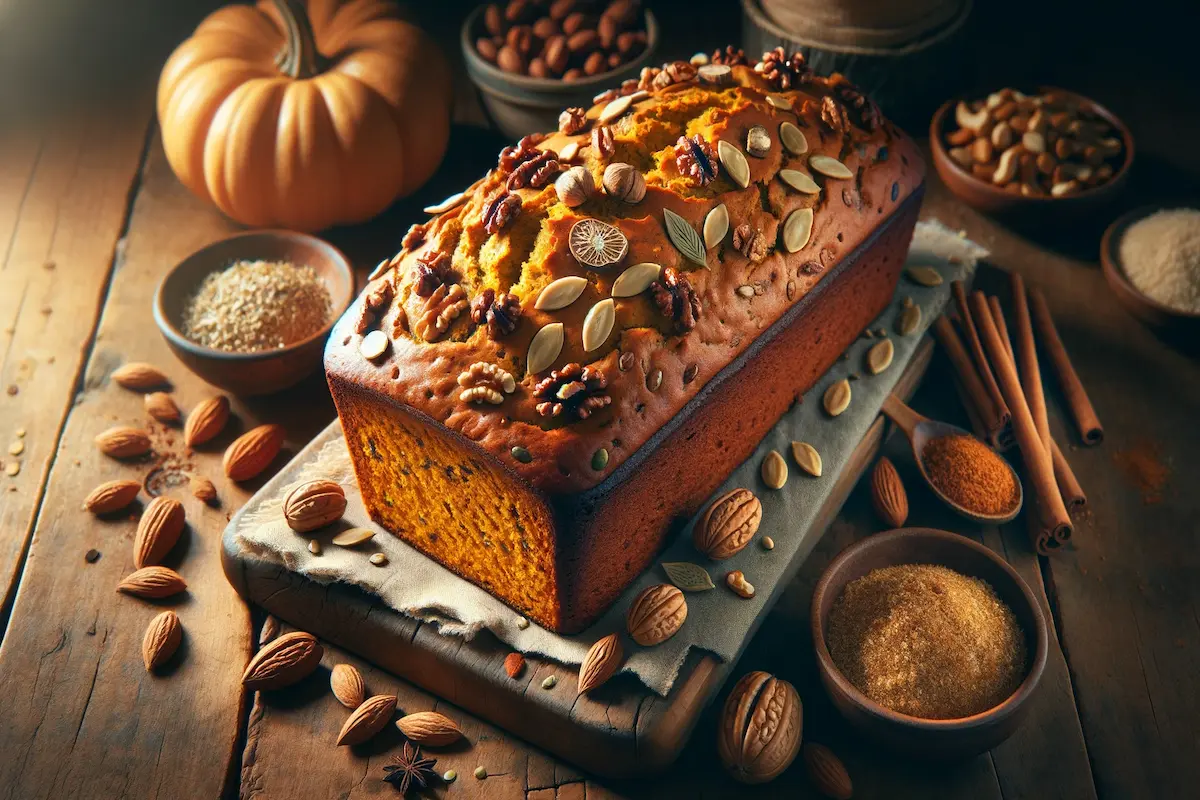 Pumpkin bread loaf with nuts and spices on top.