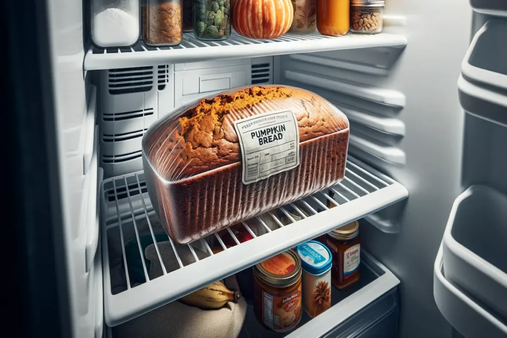 Wrapping pumpkin bread in plastic wrap for storage.