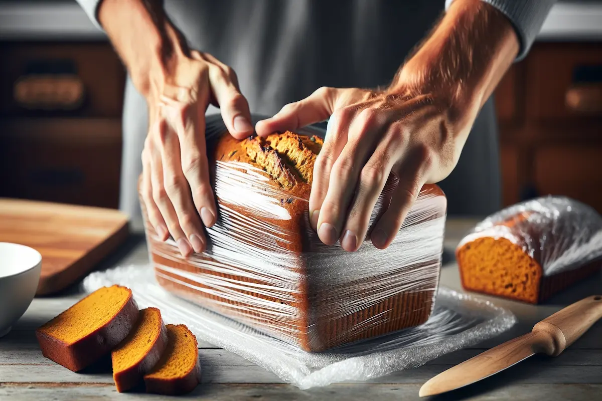 Wrapping pumpkin bread in plastic wrap for storage.