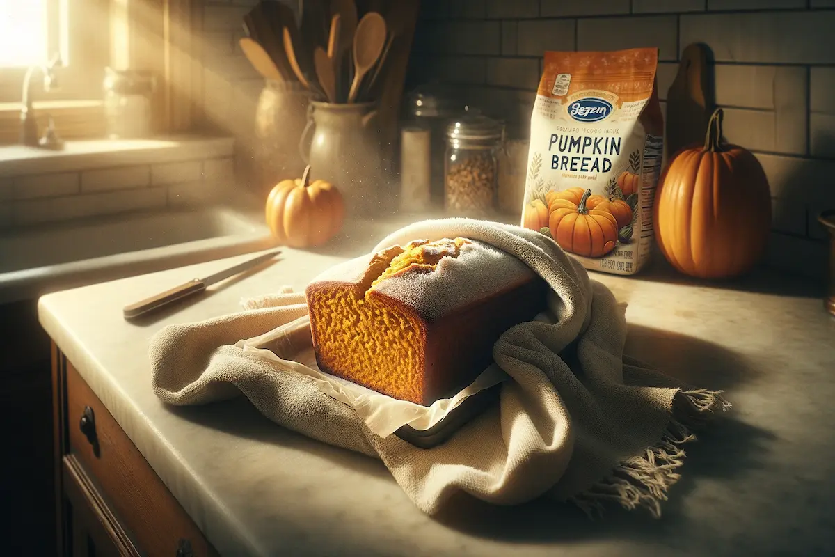 Thawing frozen pumpkin bread on a kitchen counter.