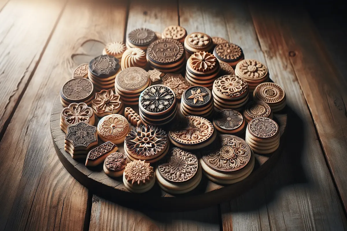 Assorted cookies with intricate stamp designs on a wooden table.