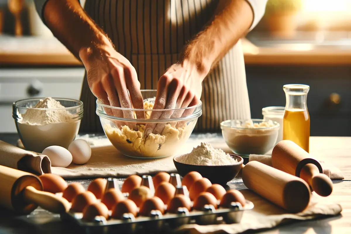 Hands preparing cookie dough for stamping on a kitchen counter.