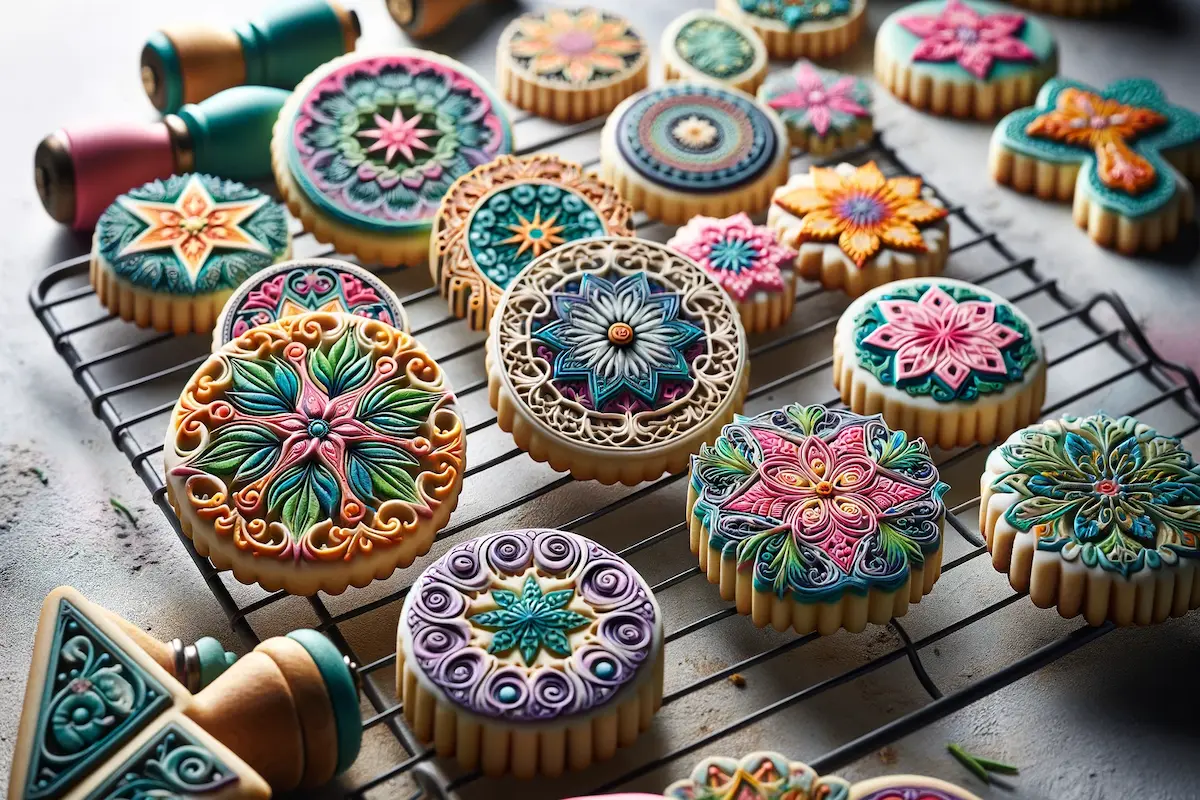 Colorful stamped cookies decorated with icing on a cooling rack.