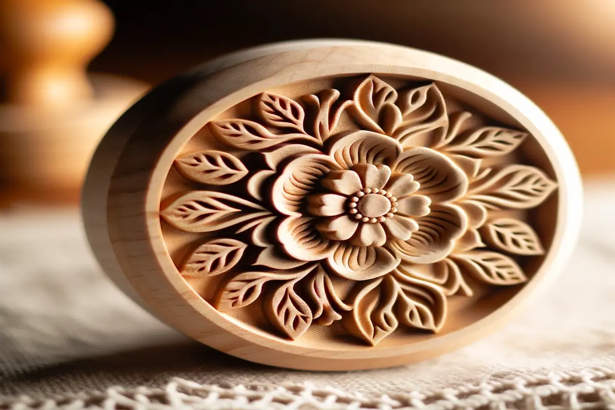 Wooden cookie stamp with detailed floral pattern