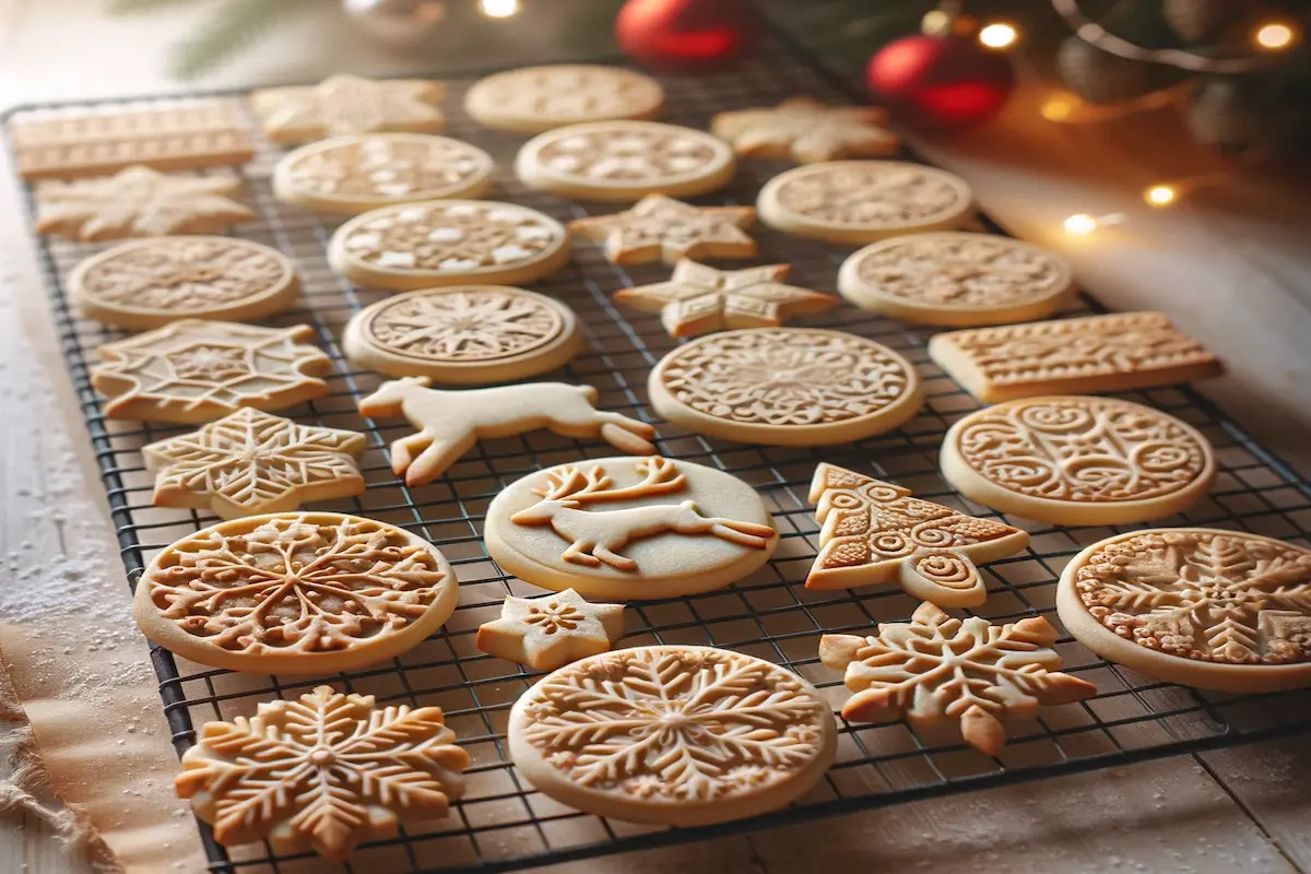 Freshly baked seasonal stamped cookies cooling on a wire rack