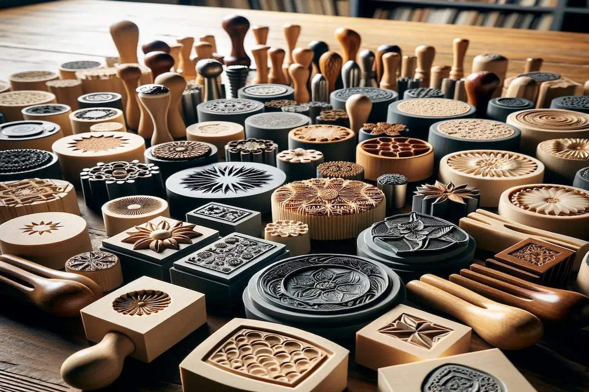 An array of cookie stamps made from silicone, wood, and metal on a wooden table