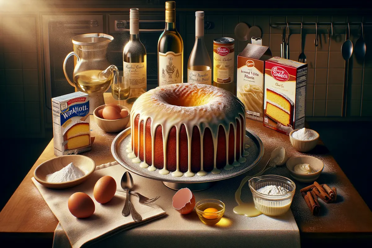 Ingredients for baking cake with a bottle of wine