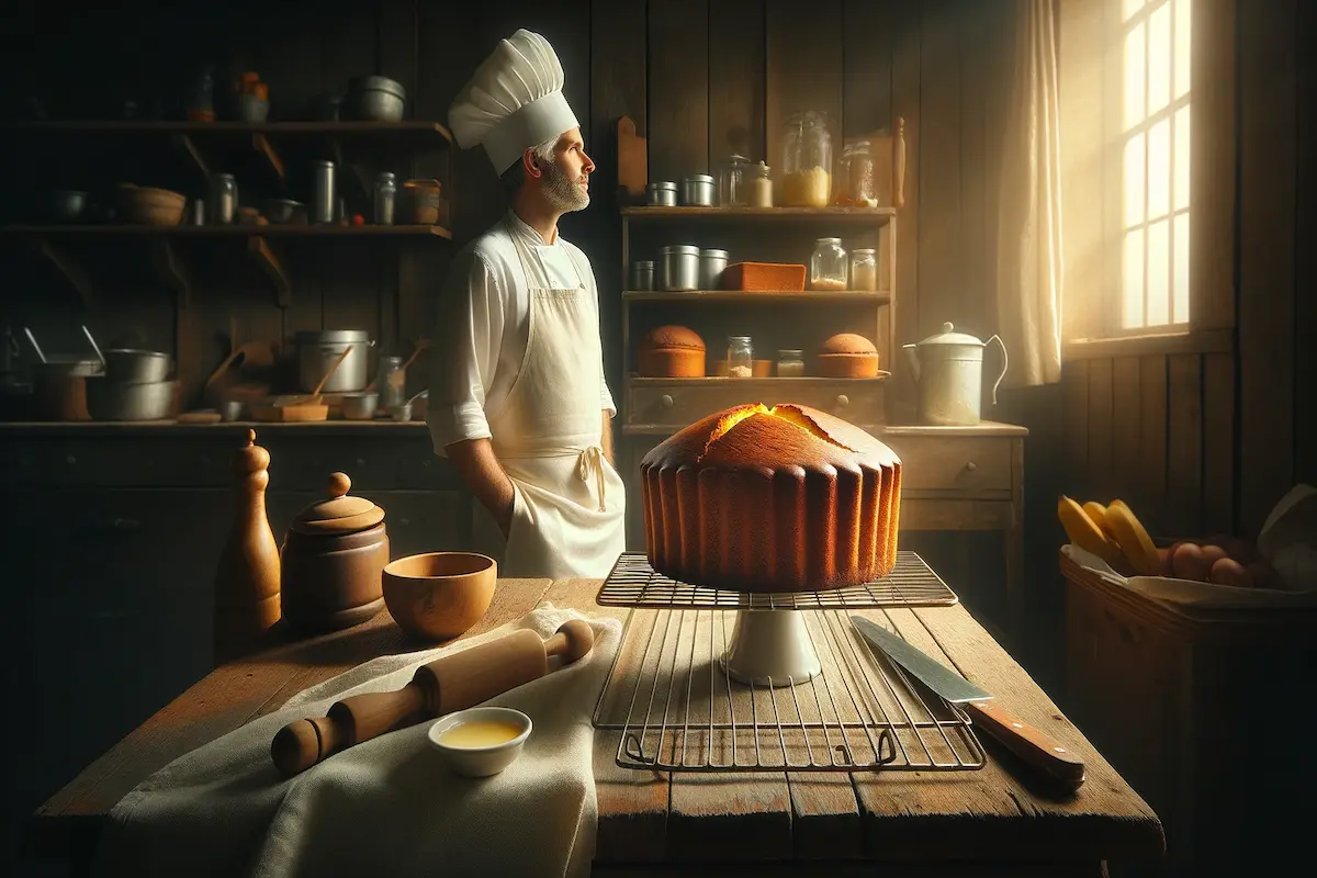 Baker proudly observing a perfectly cracked pound cake.