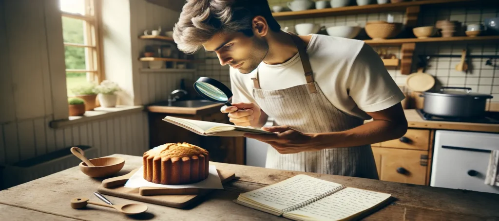 A baker analyzing a pound cake and taking notes for troubleshooting.