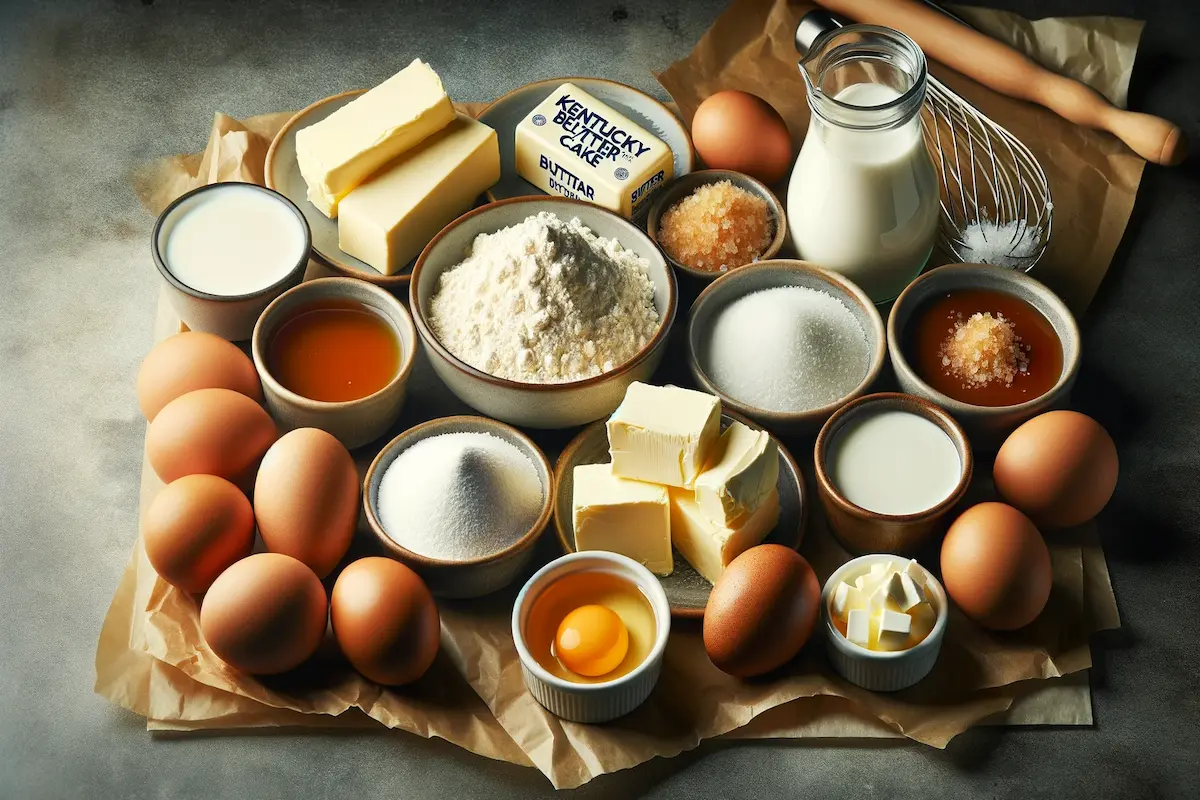 Ingredients for Salted Caramel Kentucky Butter Cake on a kitchen counter.