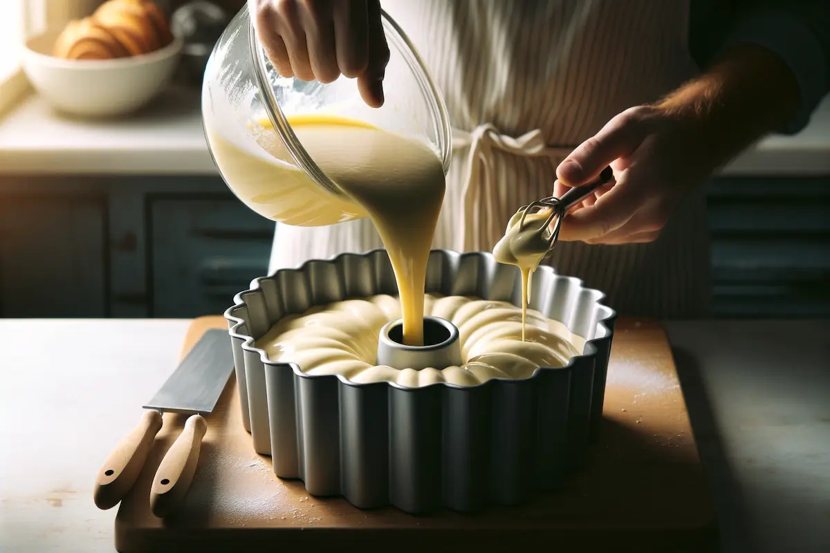 Pouring Kentucky Butter Cake batter into a Bundt pan.