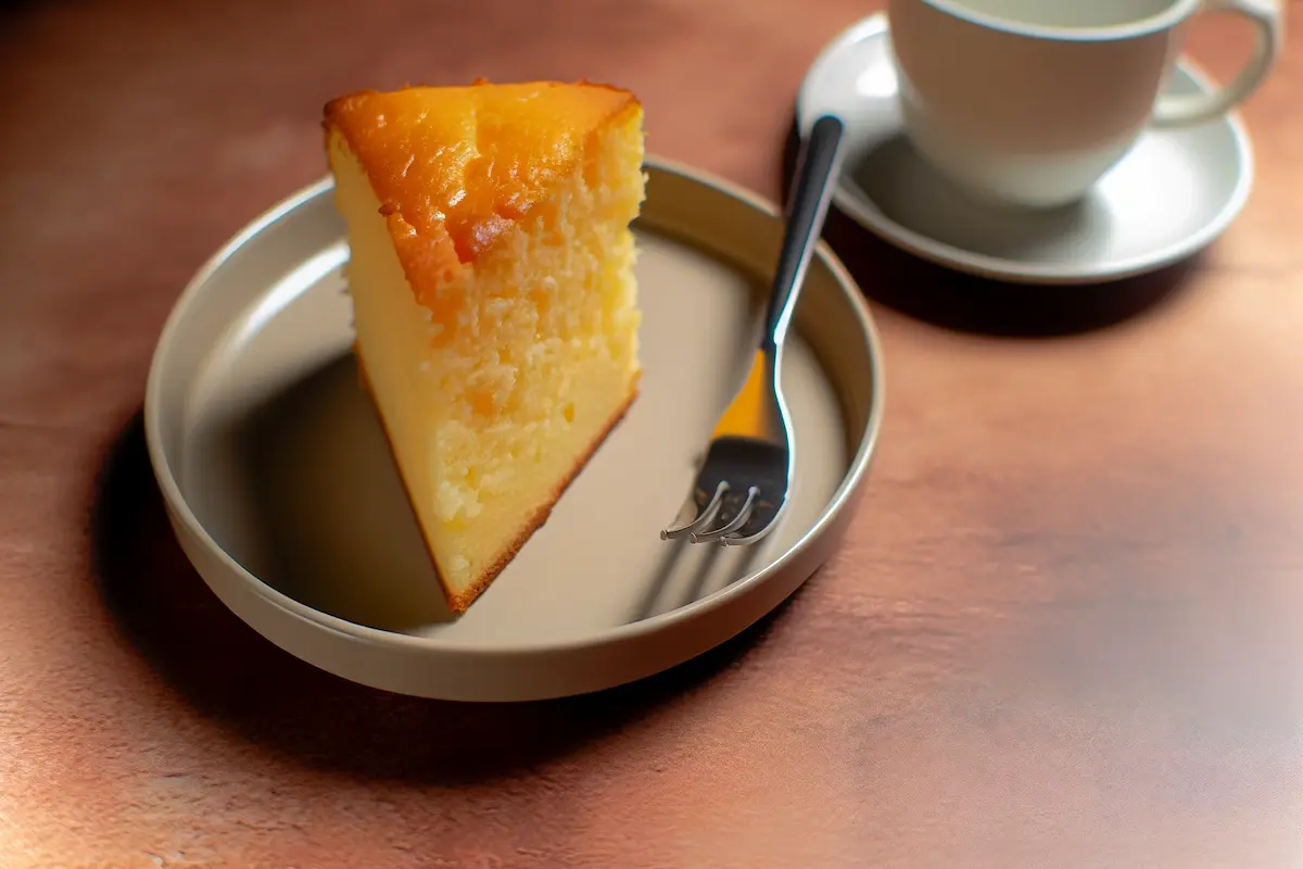 A slice of Kentucky Butter Cake on a plate with a fork.