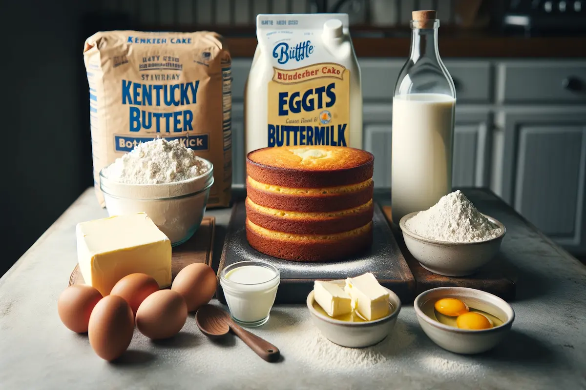 Ingredients for baking Kentucky Butter Cake on a kitchen counter.