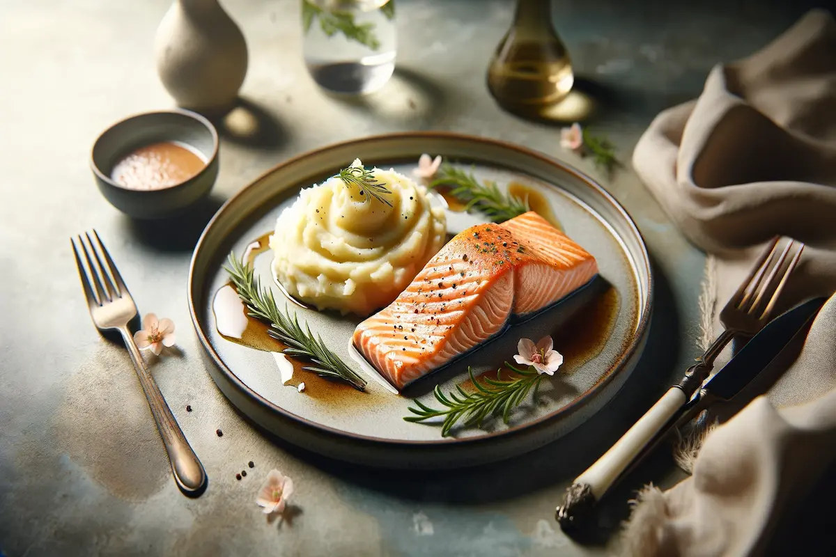 Elegant serving of salmon with mashed potatoes.