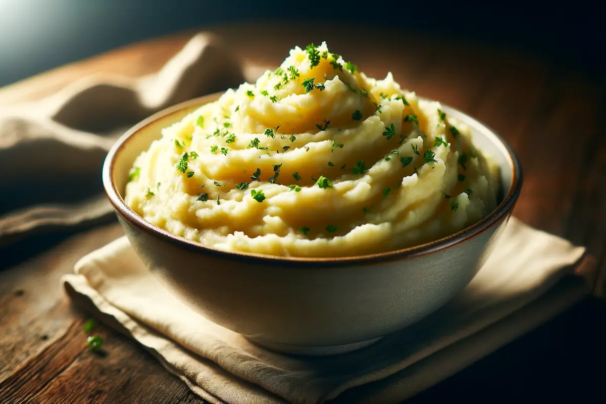 Bowl of creamy mashed potatoes garnished with herbs.