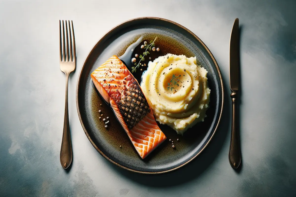 Dinner plate with salmon fillet and mashed potatoes.