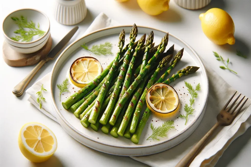 Perfectly roasted asparagus garnished with lemon slices on a white plate.