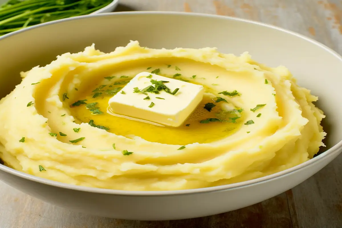 Creamy mashed potatoes in a bowl topped with a butter pat and fresh herbs.