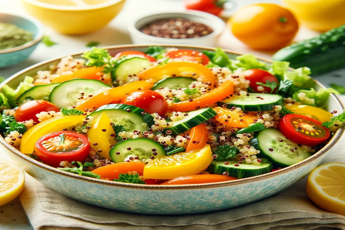 Colorful quinoa salad with citrus dressing and fresh vegetables.