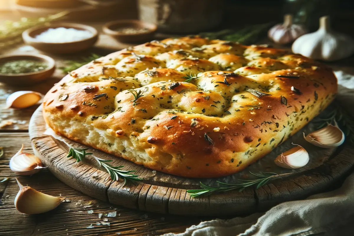 Freshly baked garlic herb focaccia bread on a wooden cutting board.