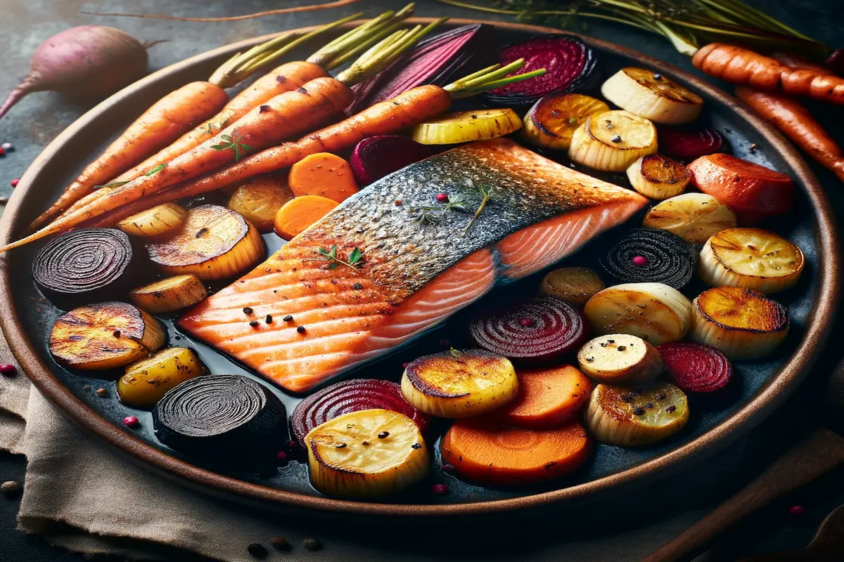 Salmon served with roasted root vegetables