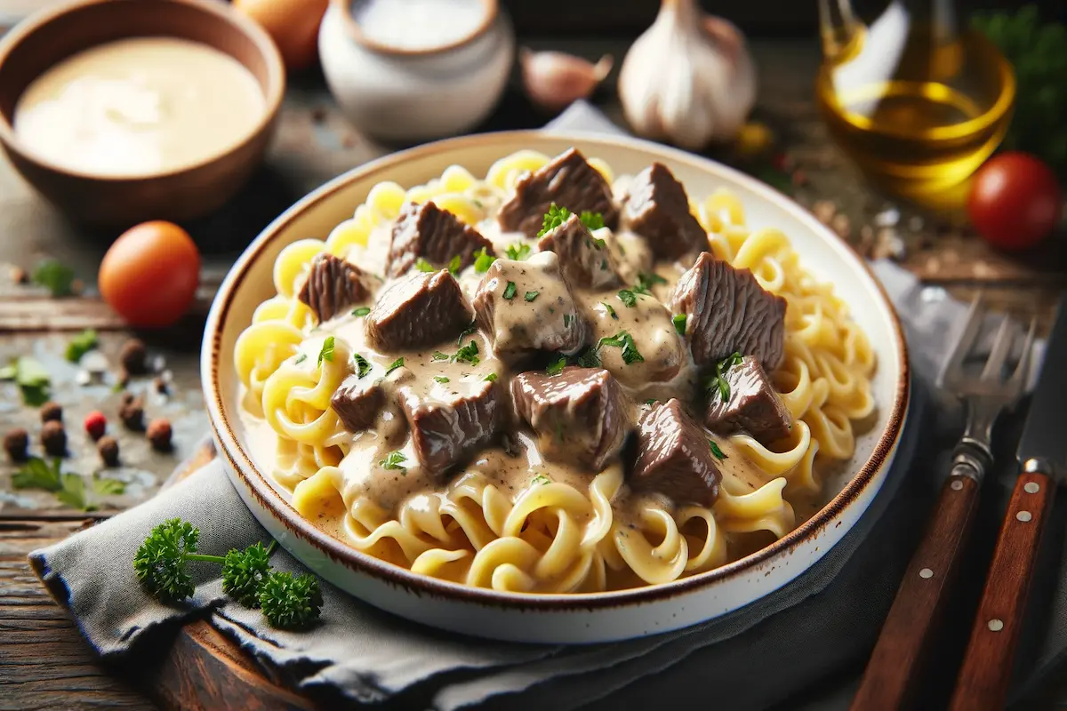 Creamy Beef Stroganoff Over Egg Noodles