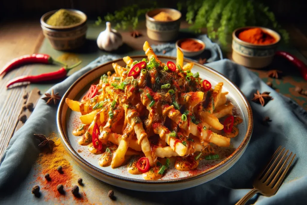 A plate of Louisiana Voodoo Fries garnished with spices and herbs.