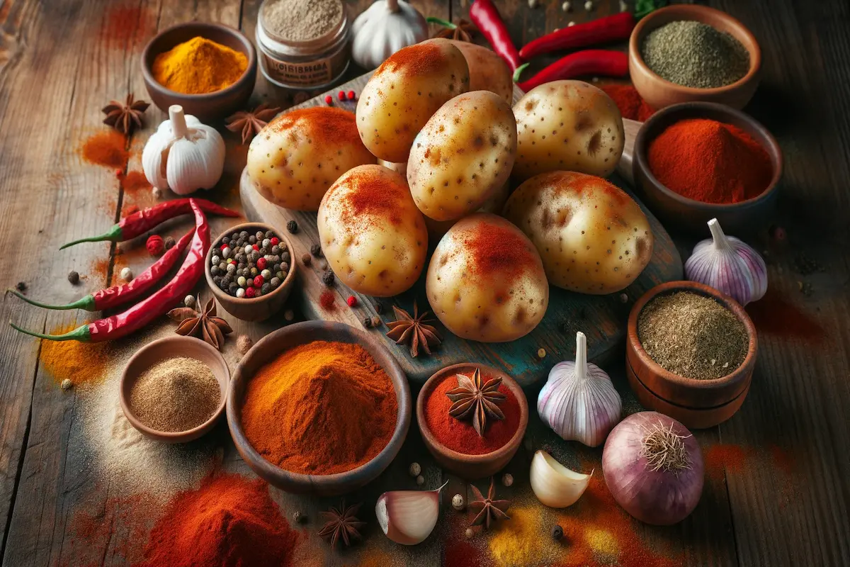 Assorted spices and fresh potatoes on a wooden surface.