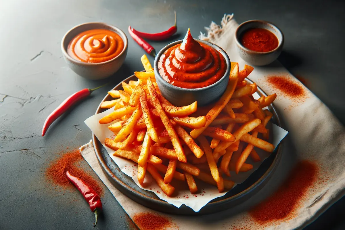 A creative serving of spicy fries with dipping sauce.