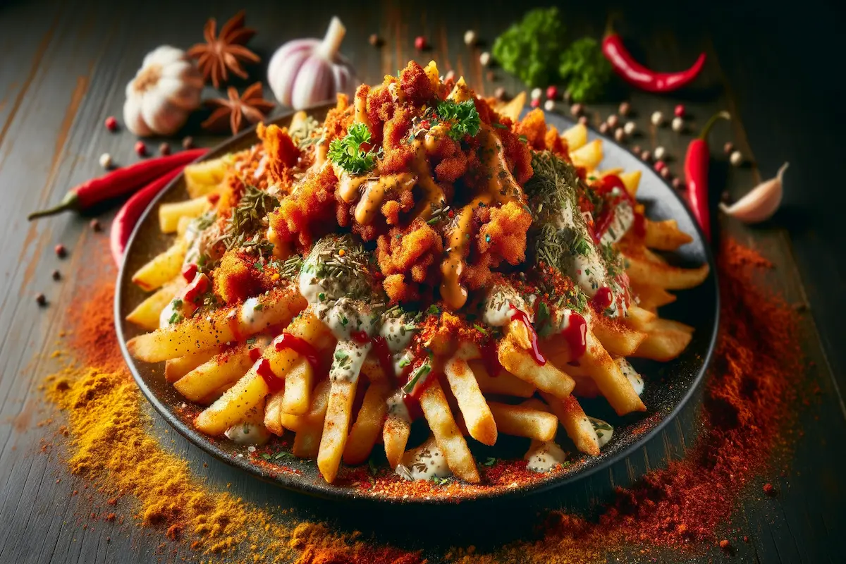 A plate of Louisiana Voodoo Fries garnished with spices and toppings.