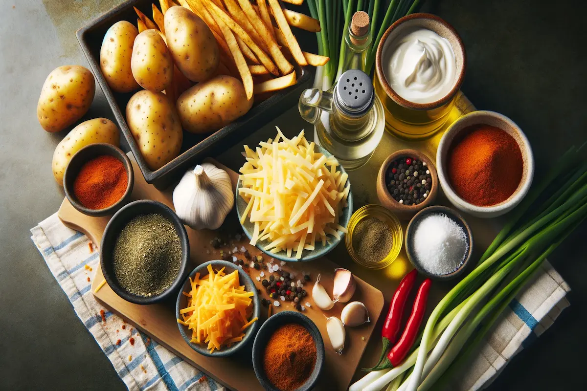 Ingredients for making Louisiana Voodoo Fries on a kitchen counter.