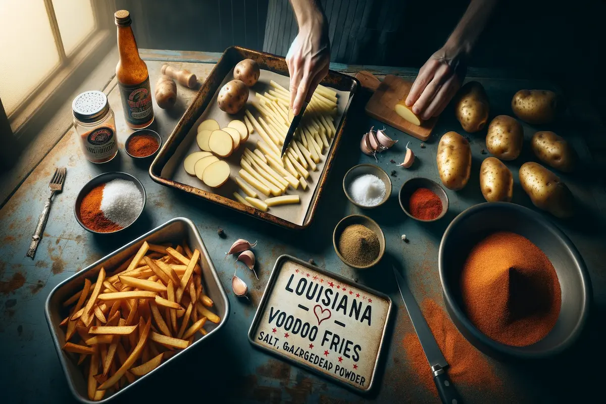 Preparation of Louisiana Voodoo Fries in a kitchen setting.