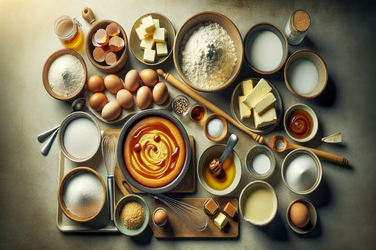 Ingredients for baking a butter cake on a kitchen counter.