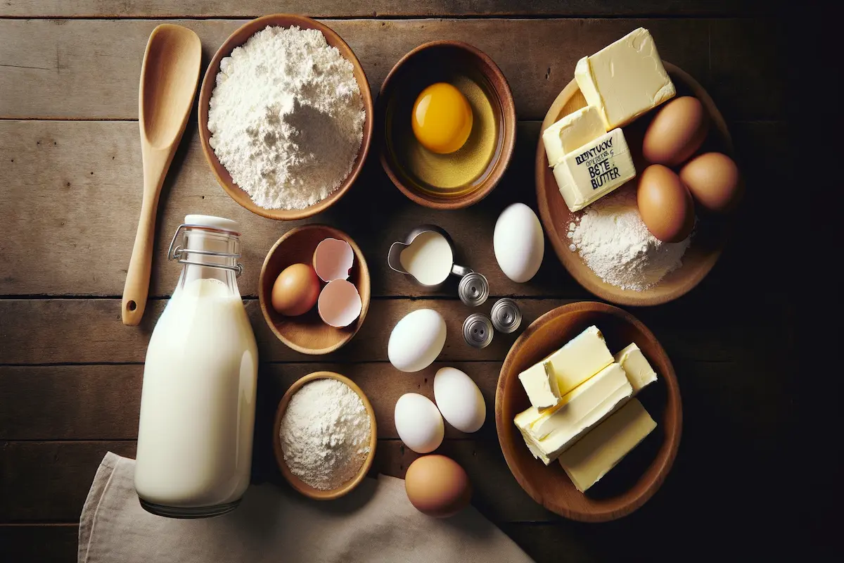 Ingredients for baking Kentucky Butter Cake on wooden surface