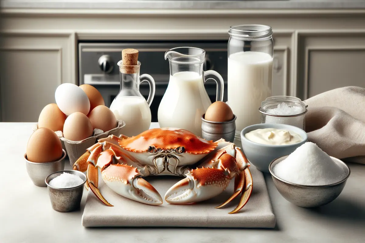 Fresh crab meat beside dairy ingredients on a kitchen counter.