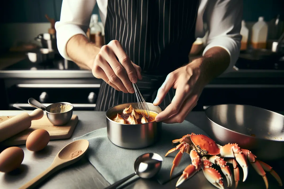 Chef preparing seafood custard in a kitchen.