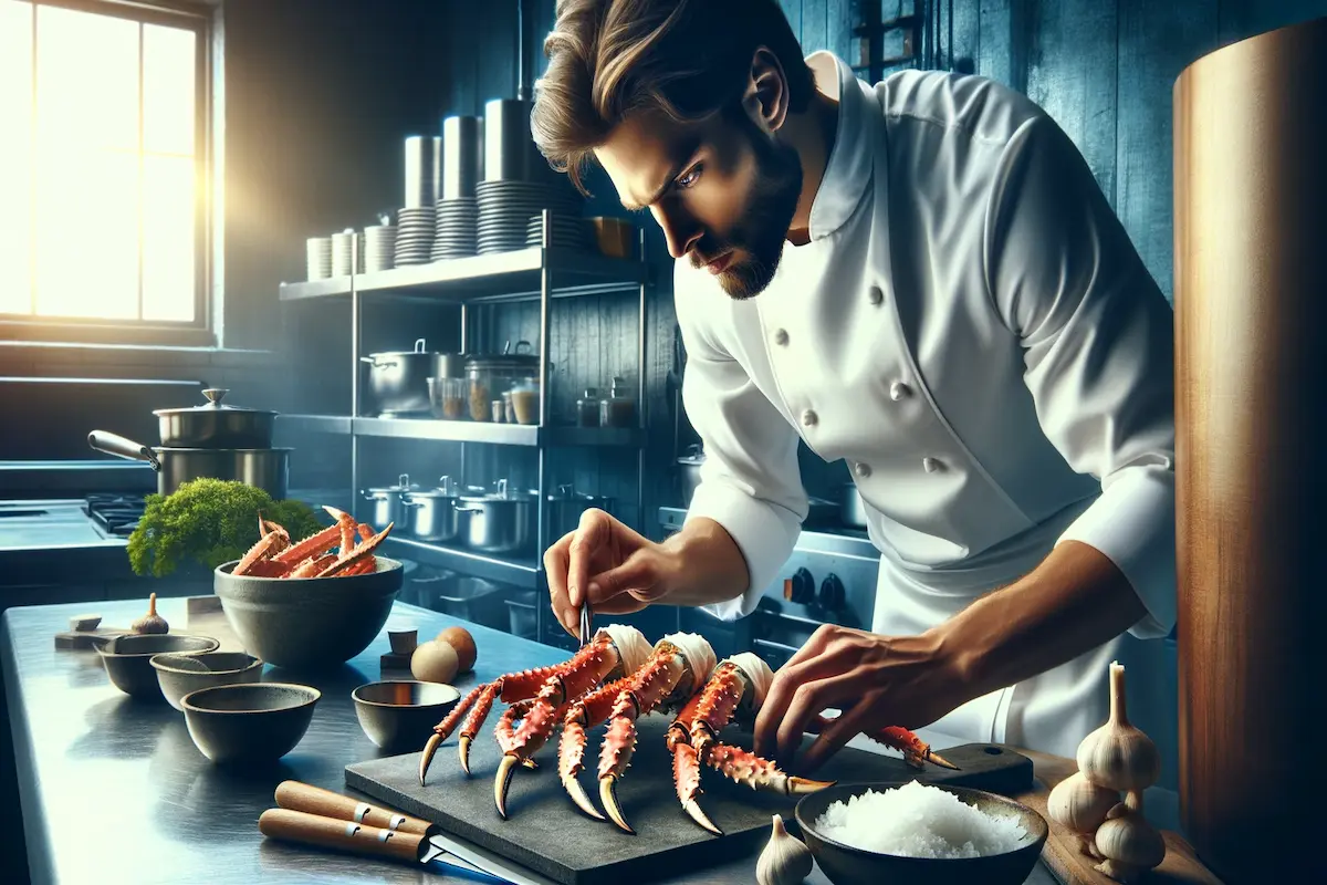 Chef preparing Dungeness crab legs in a kitchen