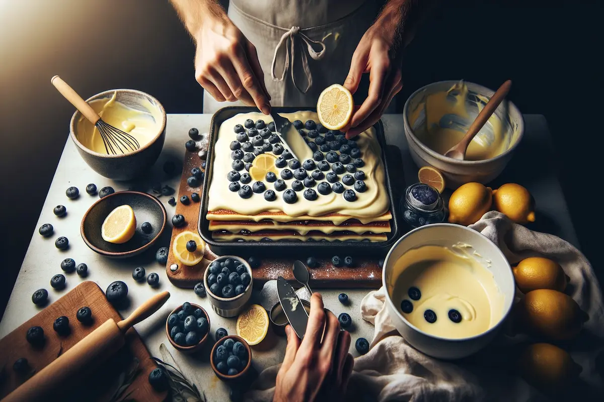 Preparing lemon blueberry lasagna in the kitchen.