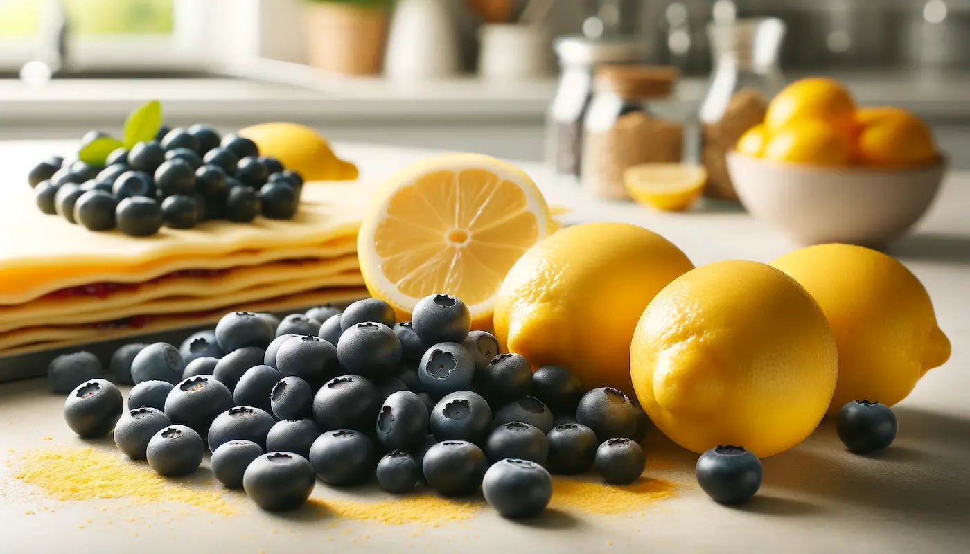 Fresh lemons and blueberries on a kitchen counter.