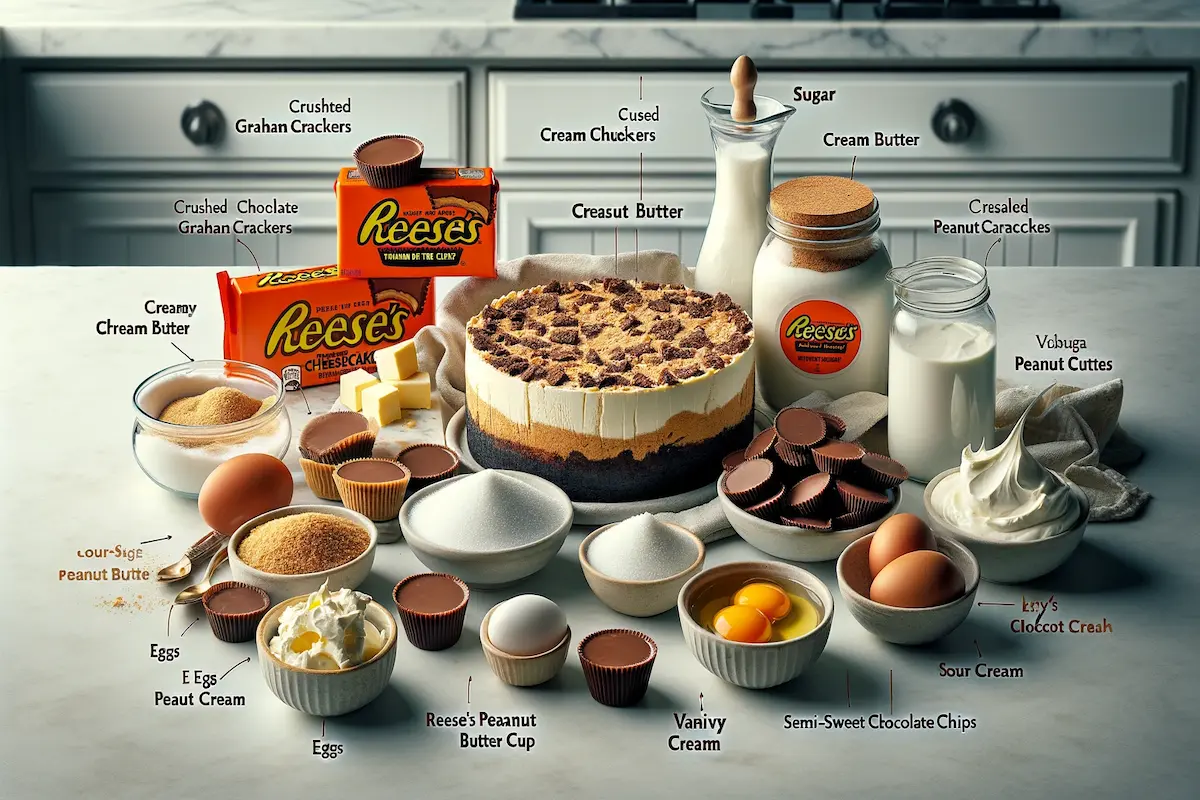 Ingredients for Reese's cheesecake candy on a kitchen counter